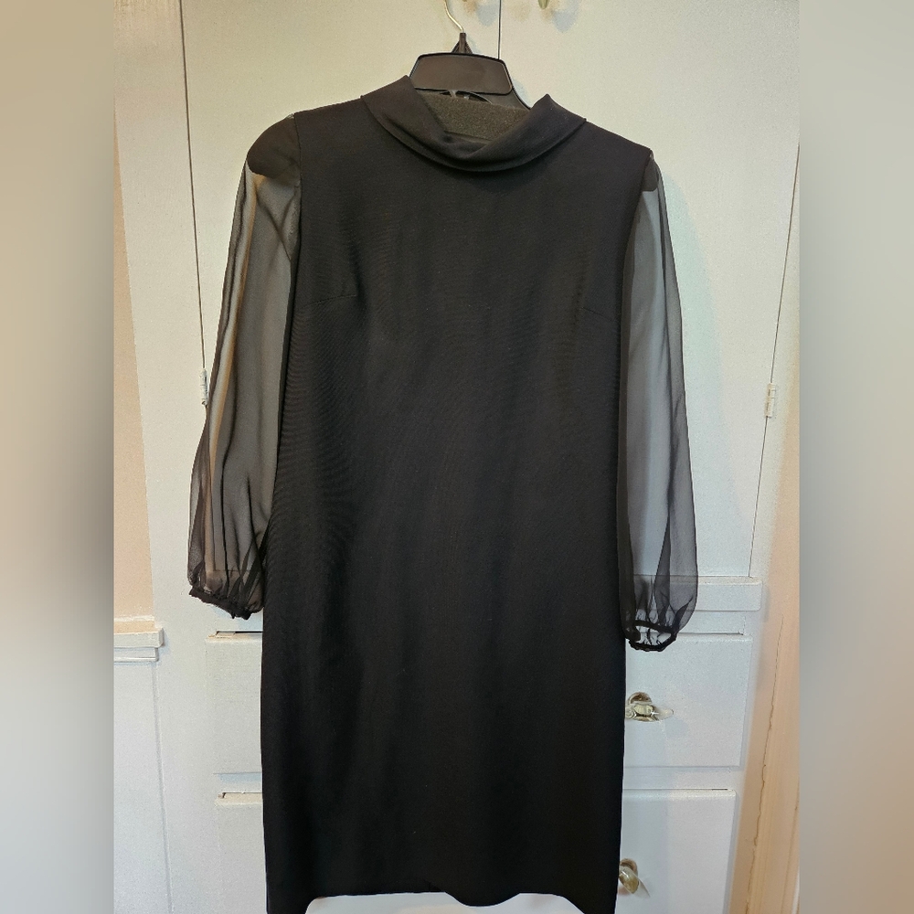 Black Sheath Dress with Bishop Sleeves and Cowl Neck